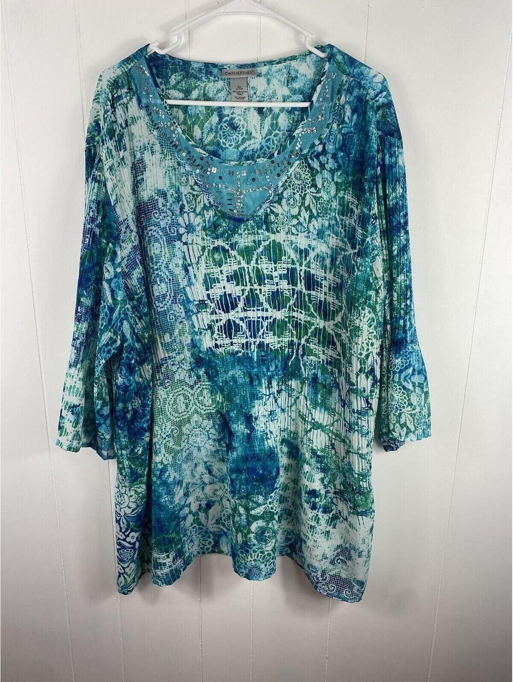 Catherines Watercolor Chiffon Crinkle Mesh Beaded Sequin Blouse Beachy Fairy 2X